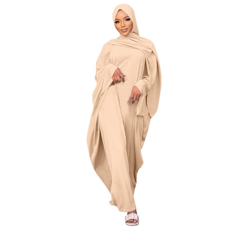 IKADEX Muslim Dress for Women Pakistani Kaftan Abaya Robe + Hijab Arabic Islamic Prayer Clothes Dubai Outfits Apricot Set - Image 1