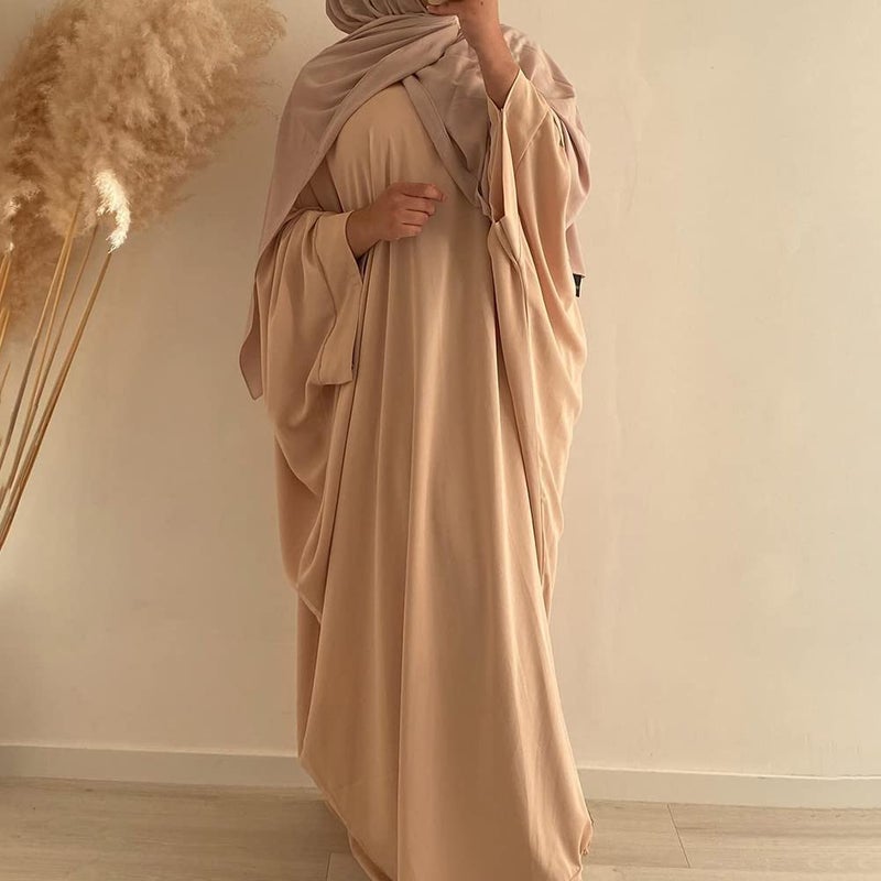 IKADEX Muslim Dress for Women Pakistani Kaftan Abaya Robe + Hijab Arabic Islamic Prayer Clothes Dubai Outfits Apricot Set - Image 3