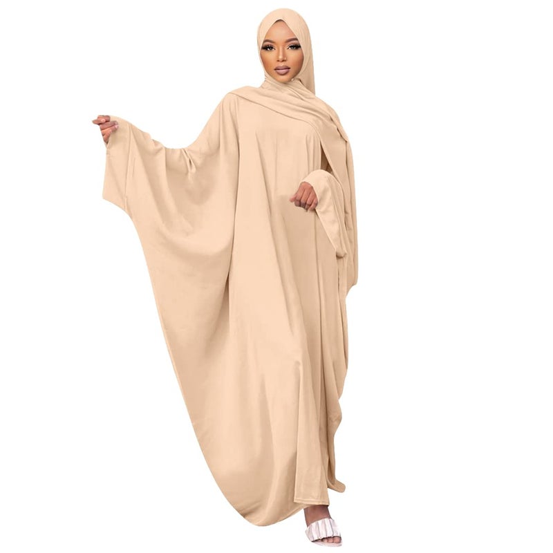 IKADEX Muslim Dress for Women Pakistani Kaftan Abaya Robe + Hijab Arabic Islamic Prayer Clothes Dubai Outfits Apricot Set - Image 2