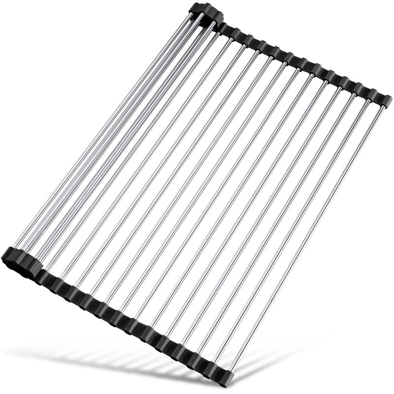 Tomorotec 21 x 155 Roll Up Dish Drying Rack Over Sink Drying Rack Sink Cover Kitchen Sink Accessories Gadget Multipurpose Organizer Foldable Stainless Steel Drainer