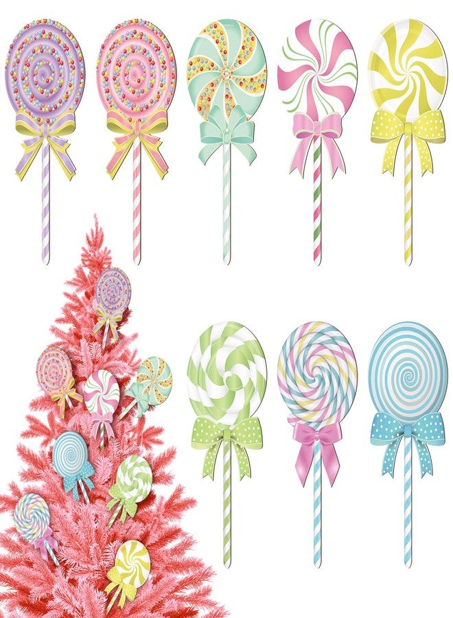Vercraft 8 Pcs Large Pastel Christmas Candy Tree Ornaments Wooden Lollipop Candy Ornaments Christmas Tree Picks Double Sided Peppermint Hanging for Xmas Holiday Party Decorations - Image 1