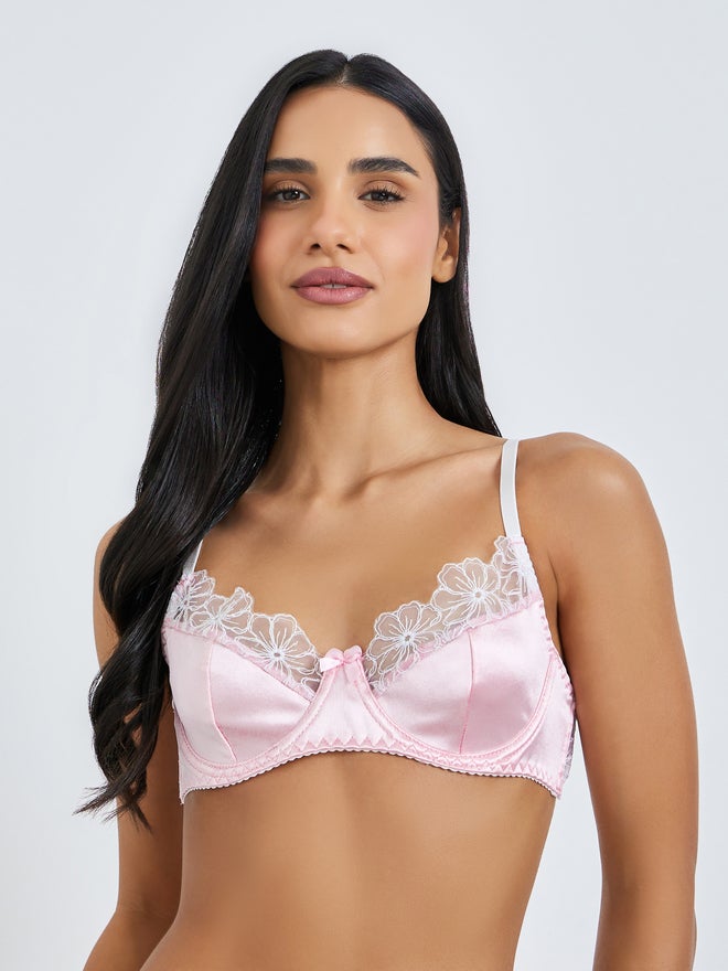 Styli Velvet Non-Padded Wired Balconette Bra and Briefs Set with Floral Lace Edge - Image 2
