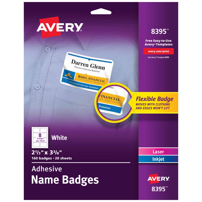 Avery Flexible Printable Name Tags, 2-1/3" x 3-3/8", Matte White, 160 Removable Name Badges (8395) - Image 1