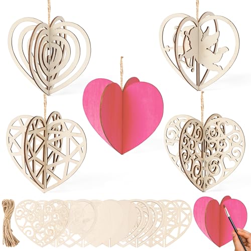 COcnny Valentine's Day Heart Craft - 15 Set DIY 3D Valentines Love Wooden Hanging Ornament Decoration Kit, Sweet Heart Unfinished Cutouts Wood Tag with Rope for Home Proposal Wedding Party Decor - Image 1