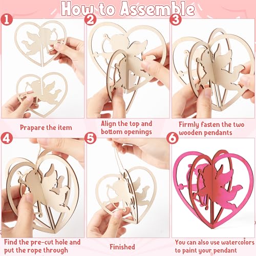 COcnny Valentine's Day Heart Craft - 15 Set DIY 3D Valentines Love Wooden Hanging Ornament Decoration Kit, Sweet Heart Unfinished Cutouts Wood Tag with Rope for Home Proposal Wedding Party Decor - Image 4