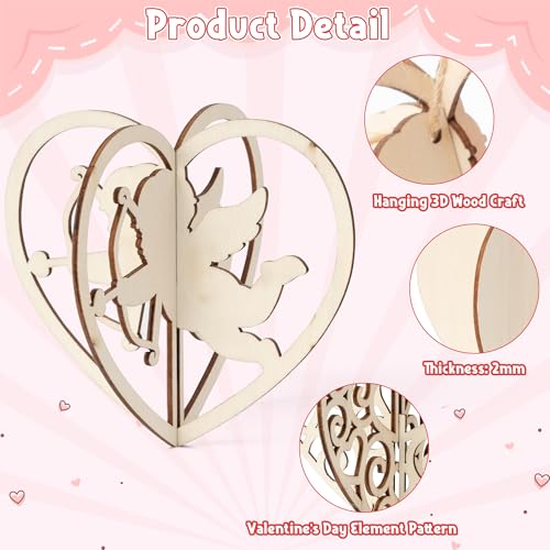 COcnny Valentine's Day Heart Craft - 15 Set DIY 3D Valentines Love Wooden Hanging Ornament Decoration Kit, Sweet Heart Unfinished Cutouts Wood Tag with Rope for Home Proposal Wedding Party Decor - Image 3