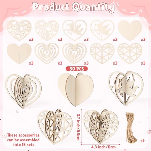 COcnny Valentine's Day Heart Craft - 15 Set DIY 3D Valentines Love Wooden Hanging Ornament Decoration Kit, Sweet Heart Unfinished Cutouts Wood Tag with Rope for Home Proposal Wedding Party Decor - Image 2