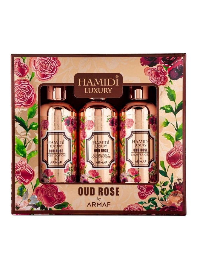 HAMIDI عطر حميدي الفاخر من عود الورد من أرمف، مجموعة هدايا مكونة من 3 قطع للرجال والنساء، جل استحمام 95 مل، لوشن للجسم 95 مل، شامبو وبلسم 2 في 1 95 مل | خالي من الكحول | منتج للعناية بالشعر والبشرة | للعناية اليومية - Image 1