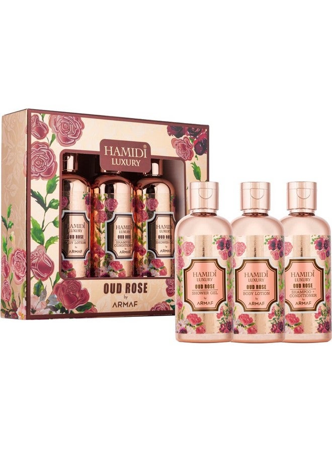 HAMIDI عطر حميدي الفاخر من عود الورد من أرمف، مجموعة هدايا مكونة من 3 قطع للرجال والنساء، جل استحمام 95 مل، لوشن للجسم 95 مل، شامبو وبلسم 2 في 1 95 مل | خالي من الكحول | منتج للعناية بالشعر والبشرة | للعناية اليومية - Image 2