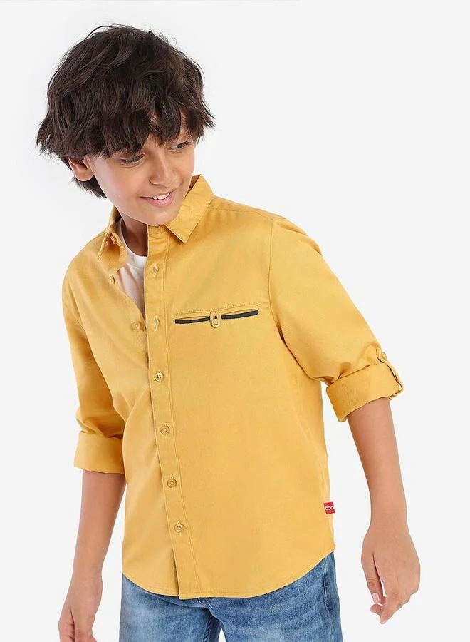 Bonkids Boy's Mustard 100% Cotton Printed Regular Fit Shirt