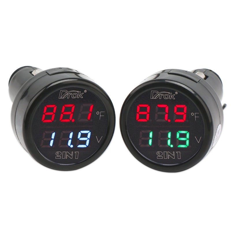 DROK Car Thermometer 2pcs Digital Voltage 10170 Deg F Temperature Monitor Tester Meter LED Display Volt Fahrenheit Temp Multimeter Car Automotive Motorcycle Battery Voltmeter Thermometer Detector