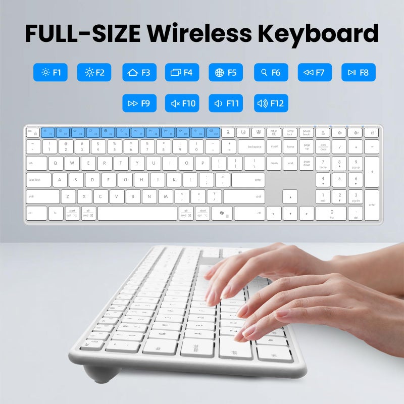 Bnnwa Wireless Bluetooth Keyboard Stainless Steel Multi-Device Full Size Keyboard with Numeric Keypad Low Profile Silent Cordless Keyboards Quiet Typing for Computer/Windows/PC/Laptop(Silver White) - Image 4
