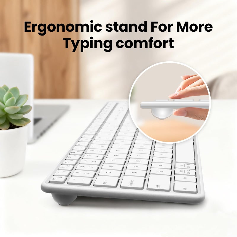 Bnnwa Wireless Bluetooth Keyboard Stainless Steel Multi-Device Full Size Keyboard with Numeric Keypad Low Profile Silent Cordless Keyboards Quiet Typing for Computer/Windows/PC/Laptop(Silver White) - Image 2