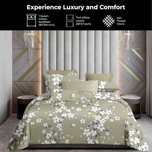 Plumora Double Bed Cotton Bedsheet Queen Size 90x100, 100% Pure Cotton Bed Sheet with 2 Pillow Covers, 240 TC Soft Breathable Floral Design – (Olive, Olivia) - Image 2