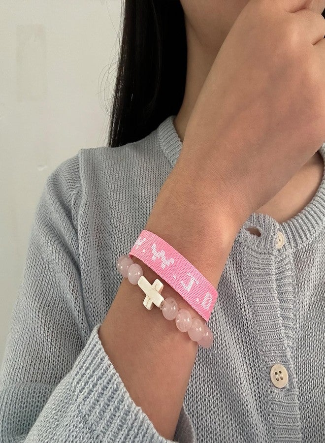 DOLLESS 2PCS WWJD Bracelets for Women Men Bead String What Would Jesus Do Bracelets Christian Jewelry Gifts (Pink) - Image 2