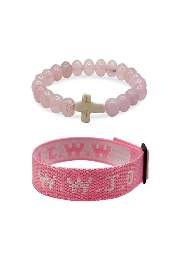 DOLLESS 2PCS WWJD Bracelets for Women Men Bead String What Would Jesus Do Bracelets Christian Jewelry Gifts (Pink) - Image 1