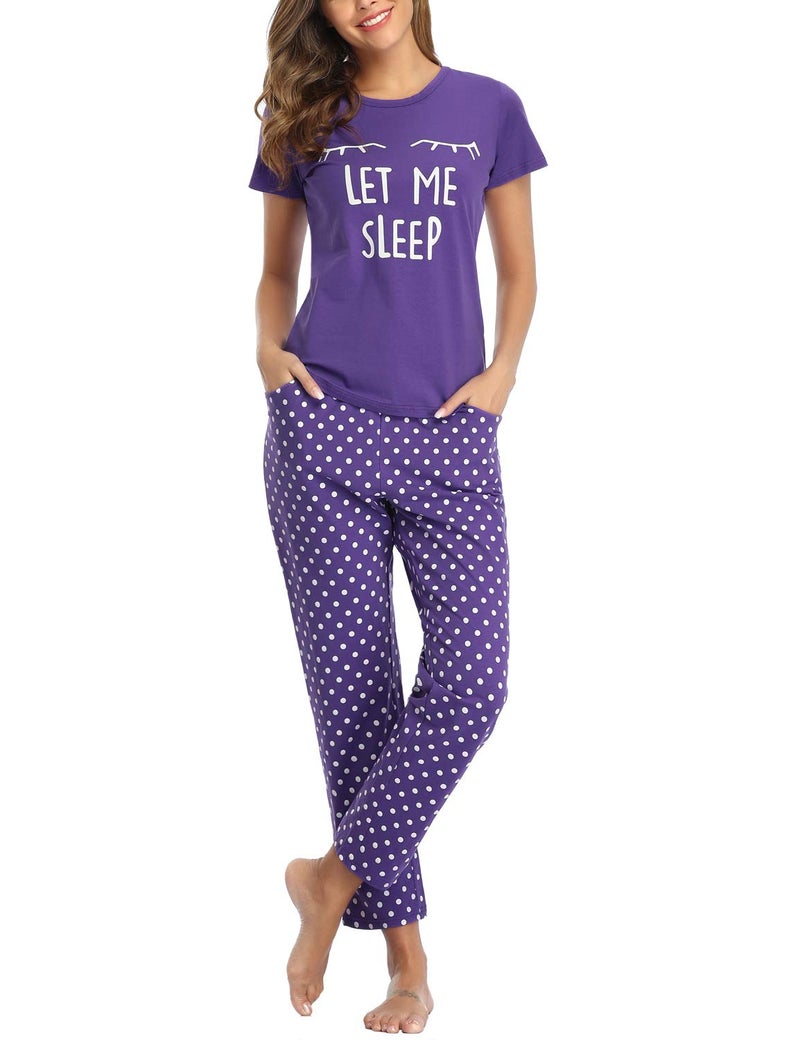 EISHOPEER Pjs for Women Set Cute Short Sleeve Top and Long Pants Sleepwear Set Purple S