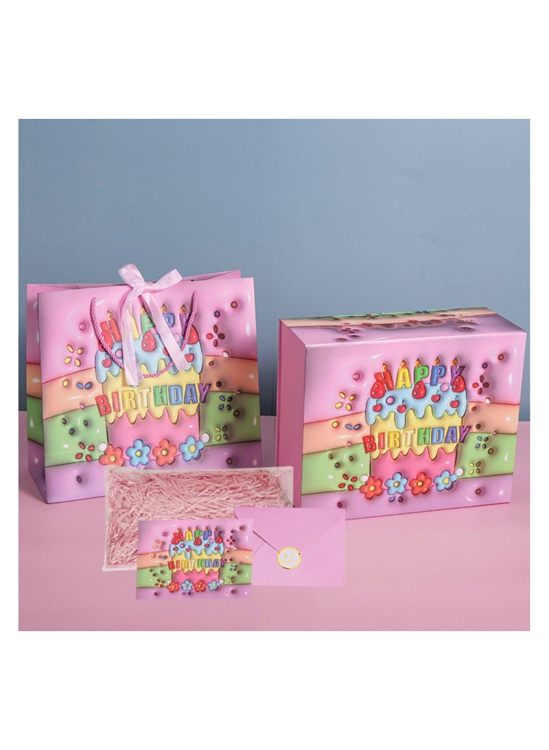 3D Rainbow Cake Happy Birthday Day Packaging Set - Large 34x27x14cm ( with shredded paper, greeting cards, gift box & Gift bag) - Image 1