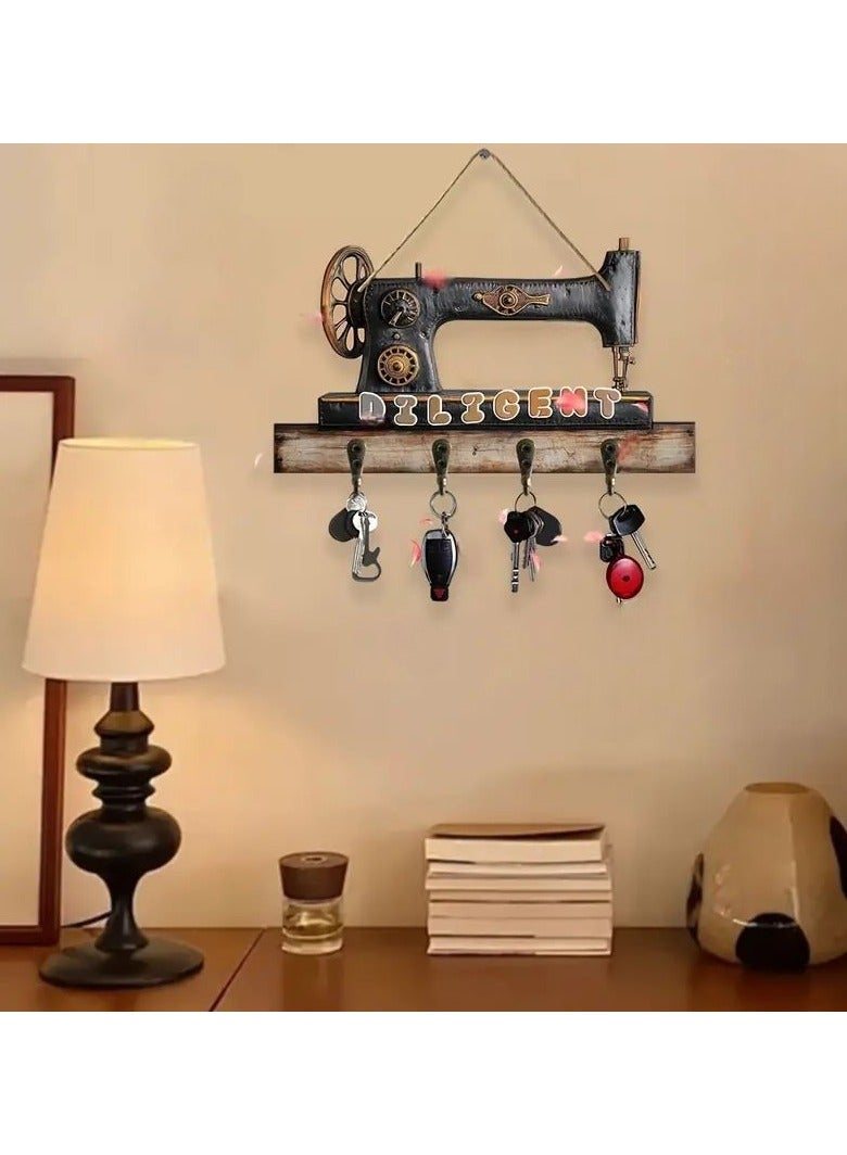 Stylish wooden key hanger, modern home decor, consisting of 4 straight and flat hooks for hanging keys, 2D printing, placed at the entrance of the house or apartment. The design is rectangular in width and in the shape of an old sewing machine. The hooks are used for hanging keys or glasses. The installation method and fixing the board on the wall is easy. Suitable for living rooms, bedrooms, in the kitchen, on the balcony, chalet, farm, in the tailor shop, in the guard room, or behind the door. The width of the board is 25 cm and the height is 14 cm - Image 1