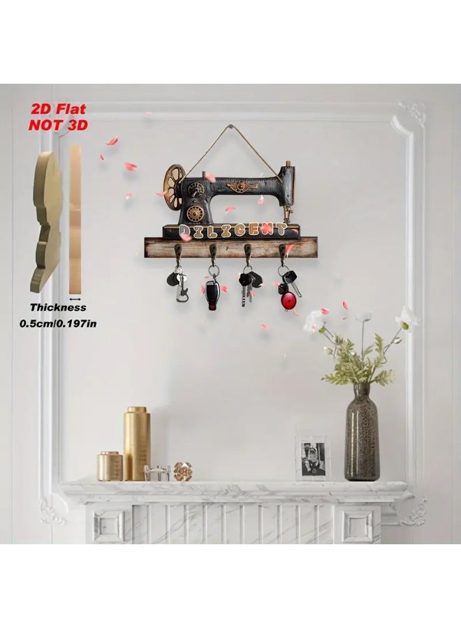 Stylish wooden key hanger, modern home decor, consisting of 4 straight and flat hooks for hanging keys, 2D printing, placed at the entrance of the house or apartment. The design is rectangular in width and in the shape of an old sewing machine. The hooks are used for hanging keys or glasses. The installation method and fixing the board on the wall is easy. Suitable for living rooms, bedrooms, in the kitchen, on the balcony, chalet, farm, in the tailor shop, in the guard room, or behind the door. The width of the board is 25 cm and the height is 14 cm - Image 2