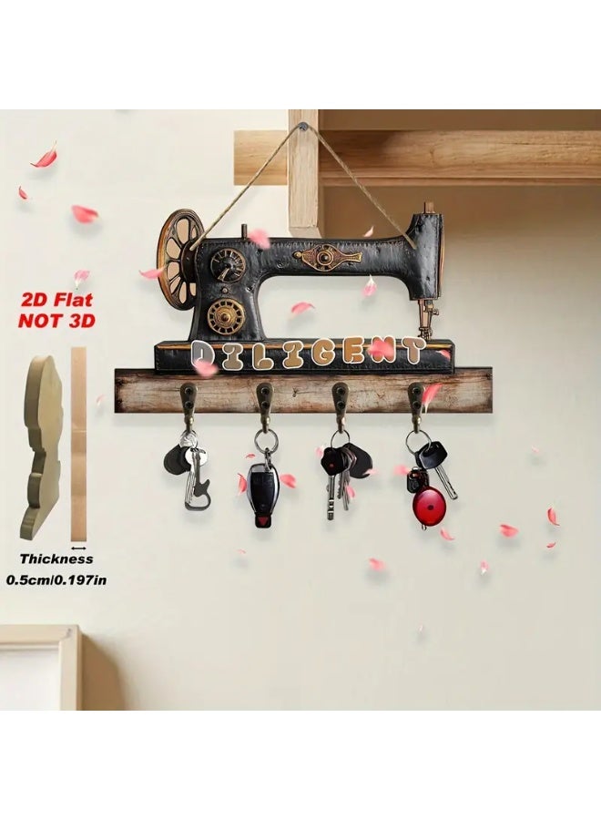 Stylish wooden key hanger, modern home decor, consisting of 4 straight and flat hooks for hanging keys, 2D printing, placed at the entrance of the house or apartment. The design is rectangular in width and in the shape of an old sewing machine. The hooks are used for hanging keys or glasses. The installation method and fixing the board on the wall is easy. Suitable for living rooms, bedrooms, in the kitchen, on the balcony, chalet, farm, in the tailor shop, in the guard room, or behind the door. The width of the board is 25 cm and the height is 14 cm - Image 3