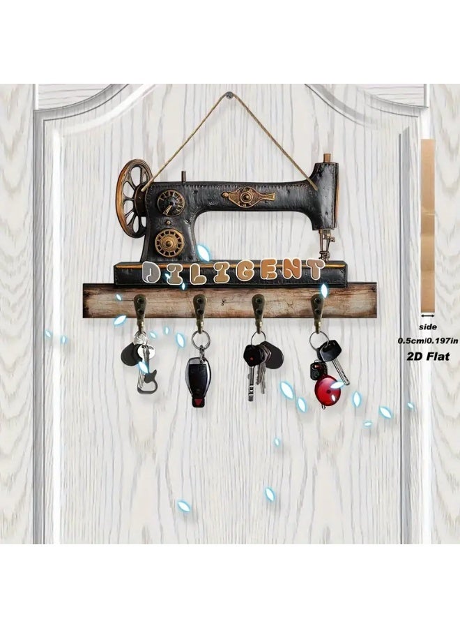 Stylish wooden key hanger, modern home decor, consisting of 4 straight and flat hooks for hanging keys, 2D printing, placed at the entrance of the house or apartment. The design is rectangular in width and in the shape of an old sewing machine. The hooks are used for hanging keys or glasses. The installation method and fixing the board on the wall is easy. Suitable for living rooms, bedrooms, in the kitchen, on the balcony, chalet, farm, in the tailor shop, in the guard room, or behind the door. The width of the board is 25 cm and the height is 14 cm - Image 4