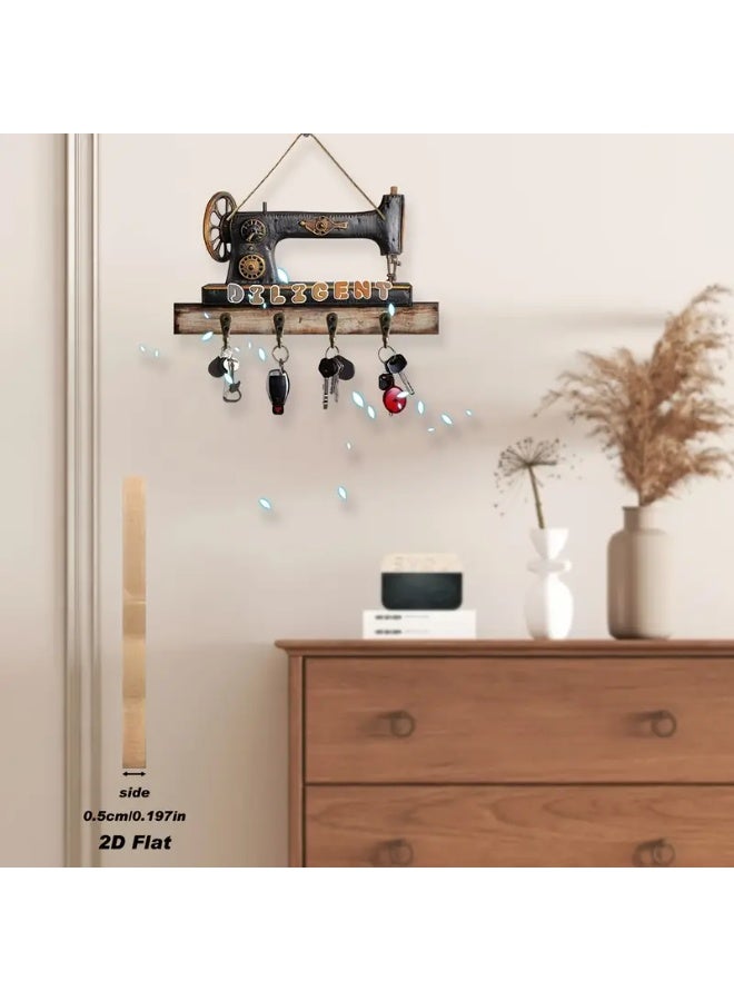 Stylish wooden key hanger, modern home decor, consisting of 4 straight and flat hooks for hanging keys, 2D printing, placed at the entrance of the house or apartment. The design is rectangular in width and in the shape of an old sewing machine. The hooks are used for hanging keys or glasses. The installation method and fixing the board on the wall is easy. Suitable for living rooms, bedrooms, in the kitchen, on the balcony, chalet, farm, in the tailor shop, in the guard room, or behind the door. The width of the board is 25 cm and the height is 14 cm - Image 5