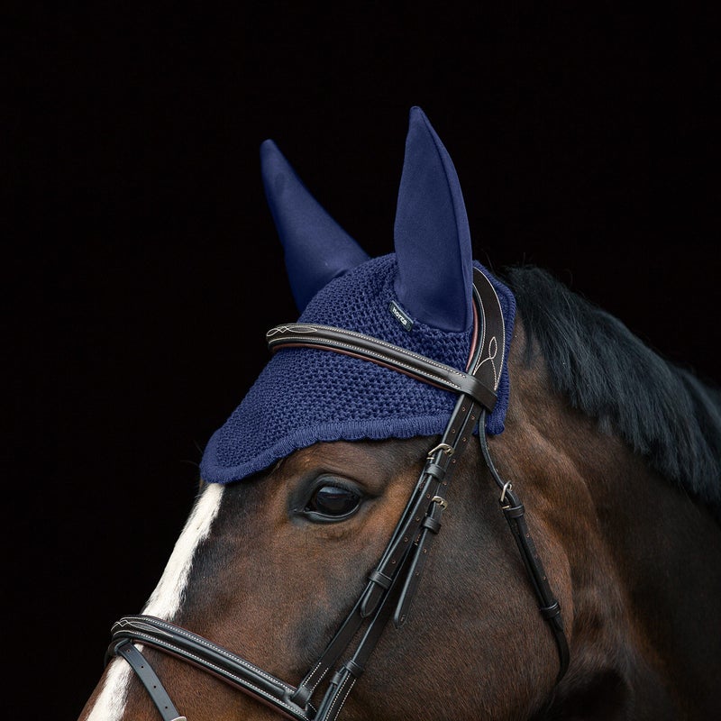 HORZE Supreme Silent Crochet Ear Bonnet - Sound Dampening Fly Protection for Sensitive Horses - Peacoat Dark Blue - Horse - Image 2