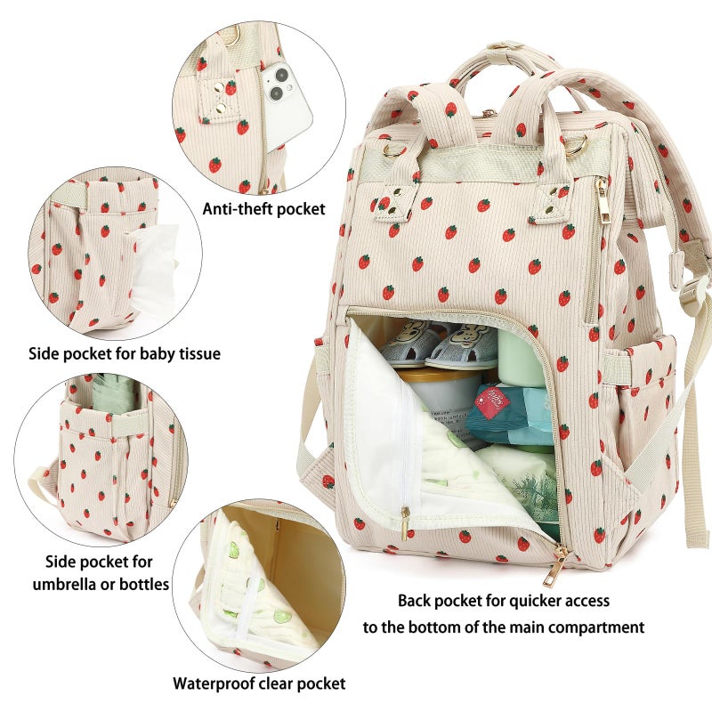 Yusudan Corduroy Diaper Bag Backpack for Baby Girls Boys, Women Large Nappy Bags for Mom (Beige Corduroy Strawberry) - Image 4