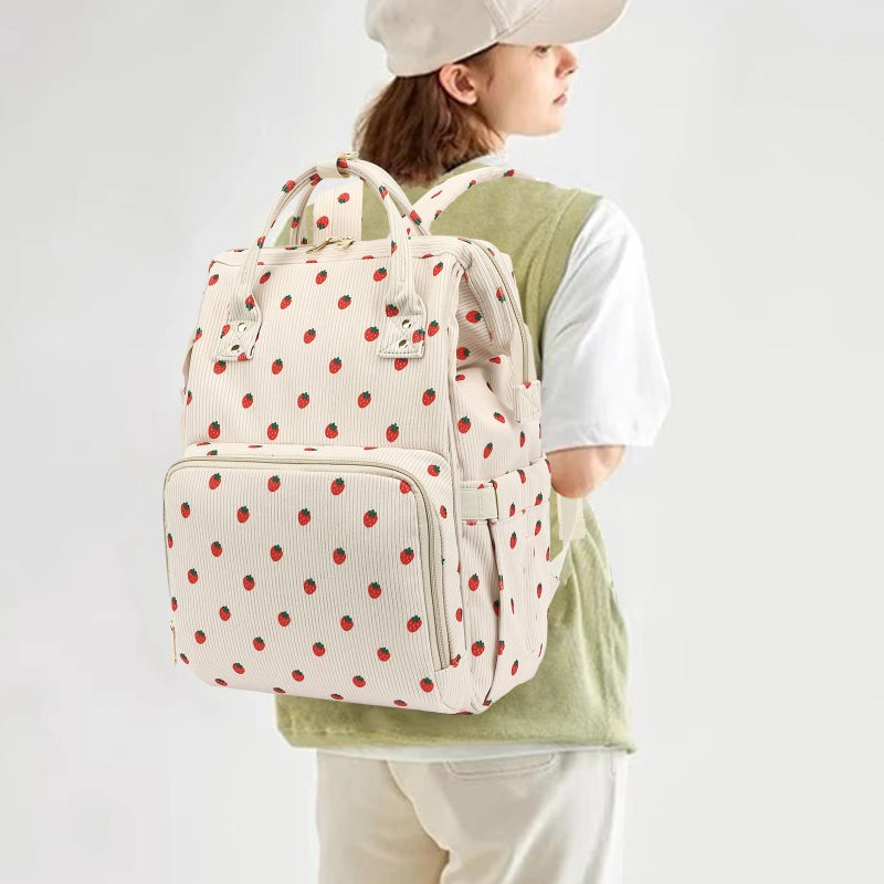 Yusudan Corduroy Diaper Bag Backpack for Baby Girls Boys, Women Large Nappy Bags for Mom (Beige Corduroy Strawberry) - Image 2