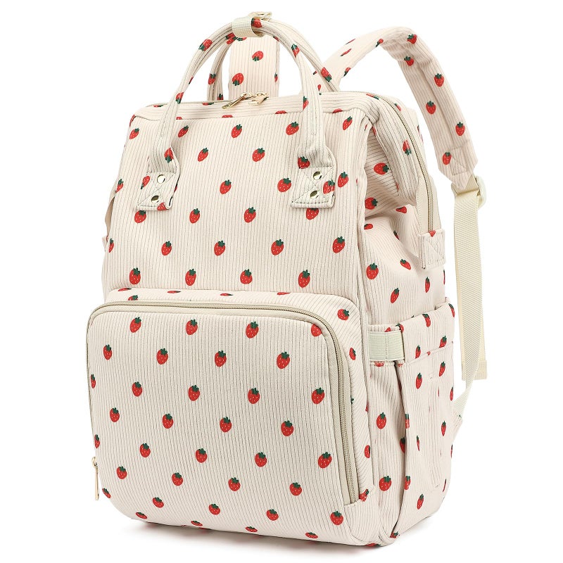 Yusudan Corduroy Diaper Bag Backpack for Baby Girls Boys, Women Large Nappy Bags for Mom (Beige Corduroy Strawberry) - Image 1