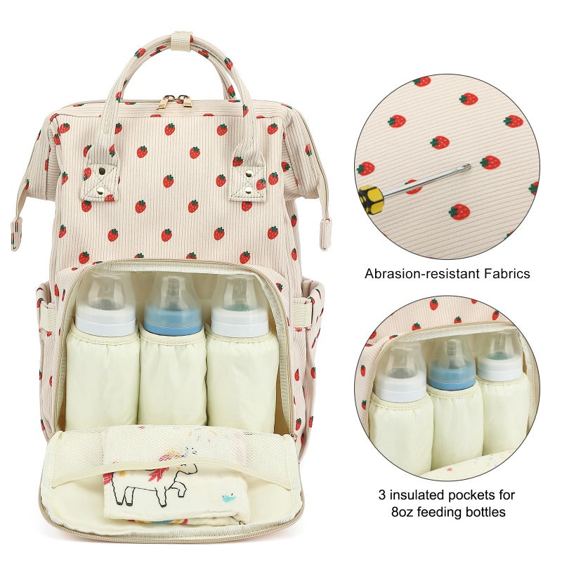 Yusudan Corduroy Diaper Bag Backpack for Baby Girls Boys, Women Large Nappy Bags for Mom (Beige Corduroy Strawberry) - Image 3