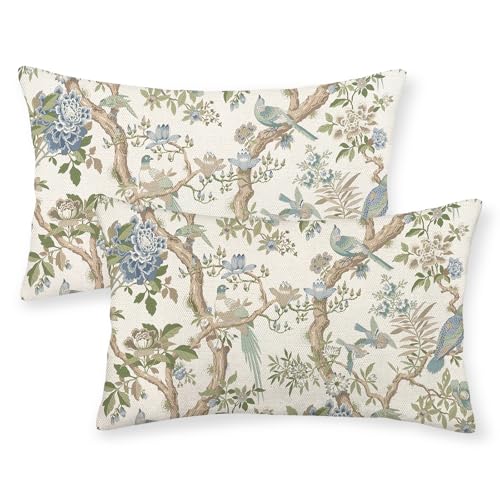 DAFENA Sage Green Blue Pillow Covers 12x20 Inch 2 Pcs Spring Floral Bird Chinoiserie Decor Throw Pillows Vintage Flower Seasonal Outdoor Decoration Lumbar Pillowcase Linen Cushion Cover for Couch Sofa - Image 1