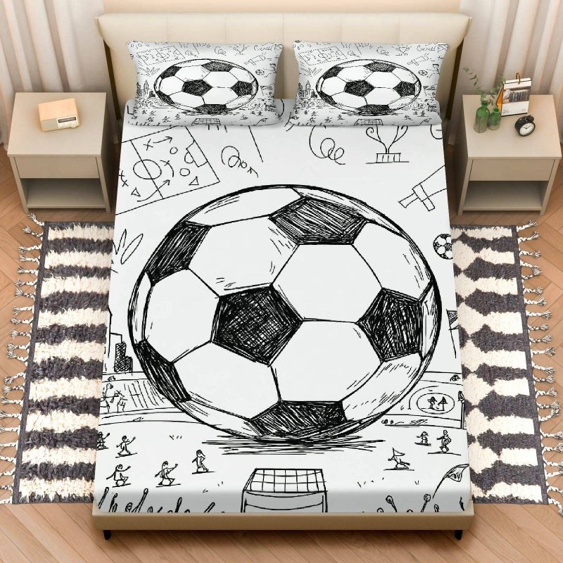 3pcs Mixed Colors Soccer Sketch Football Art Fitted Sheet Set for Twin Bed 35 43 Inch by 78 74 Inch With 2 Pillowcases Soft Breathable Mattress Protector Sports Theme Luxury Bedding - Image 1