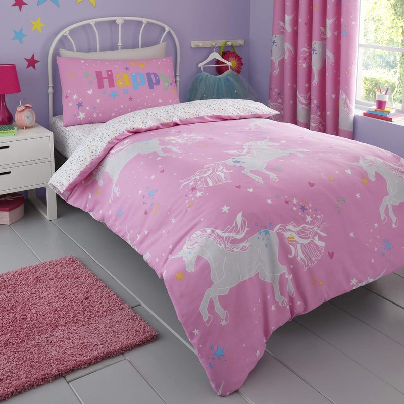Bedlam Kids Unicorn Glow In The Dark Print Reversible Duvet Cover Set 2 pieces Multi Single Neon Pink