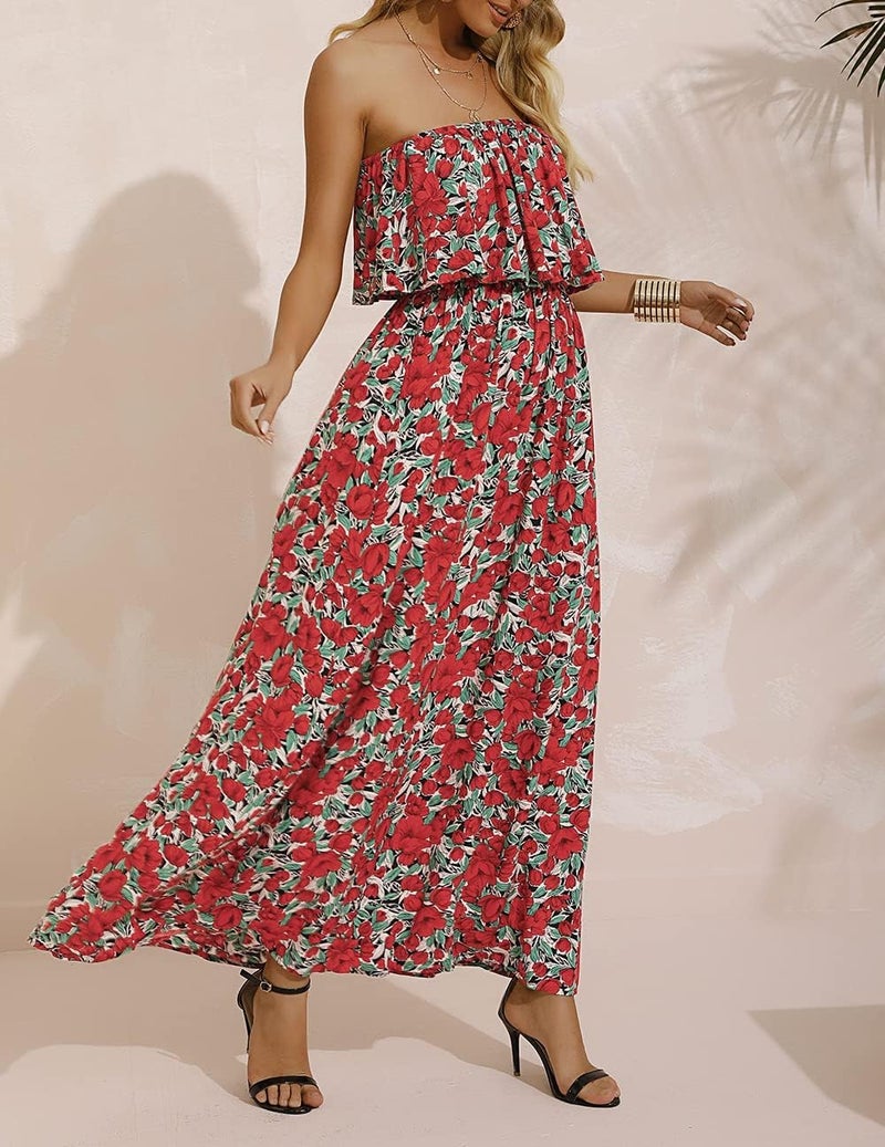 ZMPSIISA Women's Summer Off The Shoulder Maxi Dress Ruffle Strapless Blue White Porcelain Boho Casual Loose Long Dresses(A-Flower Red,Large) - Image 4