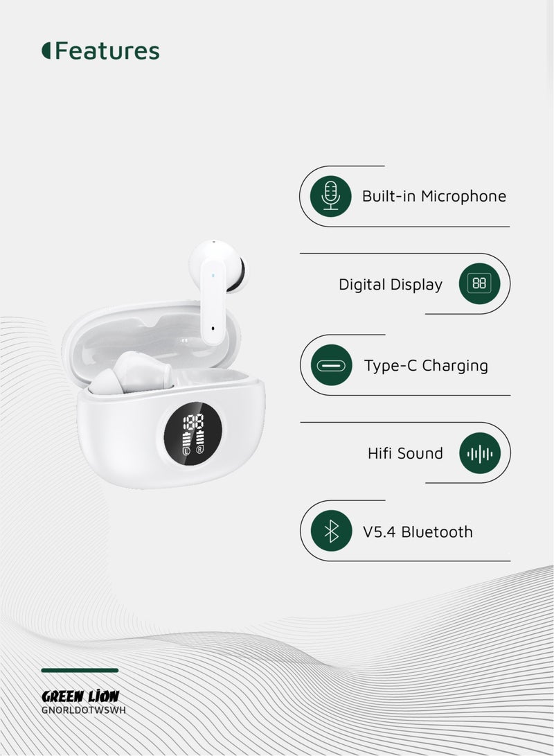 جرين ليون سماعات Orlando True Wireless مع 4.5 ساعات تشغيل ومساعد صوتي / Bluetooth V5.4 / صوت HiFi / ميكروفون مدمج / مقاومة للماء IPX2 / عرض رقمي - أبيض - Image 2