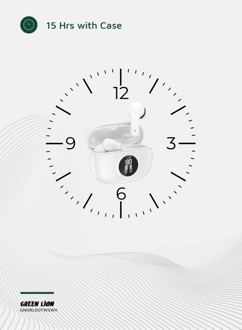 جرين ليون سماعات Orlando True Wireless مع 4.5 ساعات تشغيل ومساعد صوتي / Bluetooth V5.4 / صوت HiFi / ميكروفون مدمج / مقاومة للماء IPX2 / عرض رقمي - أبيض - Image 4