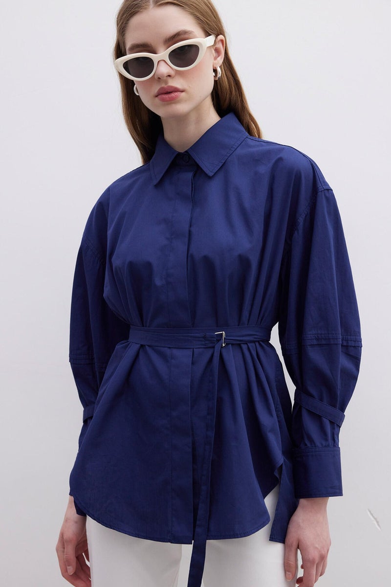 Manuka Belt Detailed Shirt Navy Blue  - Image 5