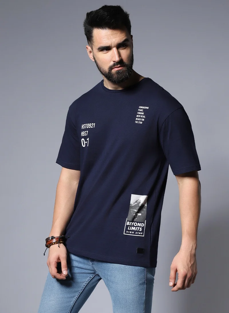 HIGH STAR Men’s Relaxed Fit Typography Applique T-shirt in Blue, Cotton Material