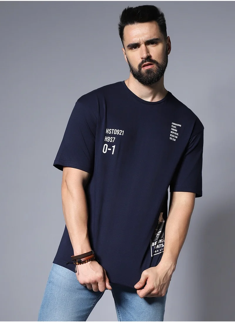 هاي ستار Men’s Relaxed Fit Typography Applique T-shirt in Blue, Cotton Material