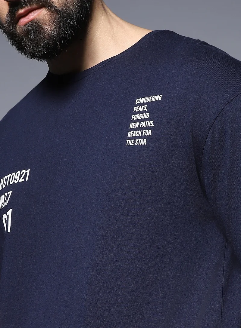HIGH STAR Men’s Relaxed Fit Typography Applique T-shirt in Blue, Cotton Material