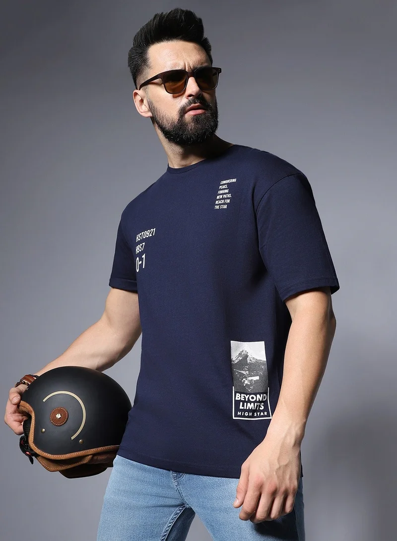 هاي ستار Men’s Relaxed Fit Typography Applique T-shirt in Blue, Cotton Material