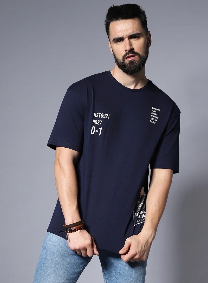 هاي ستار Men’s Relaxed Fit Typography Applique T-shirt in Blue, Cotton Material