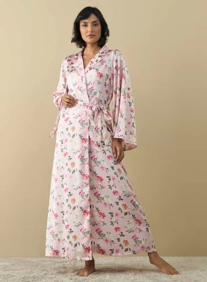 Splash FAV All-Over Floral Print Notch Lapel Robe with Tie-Up Belt