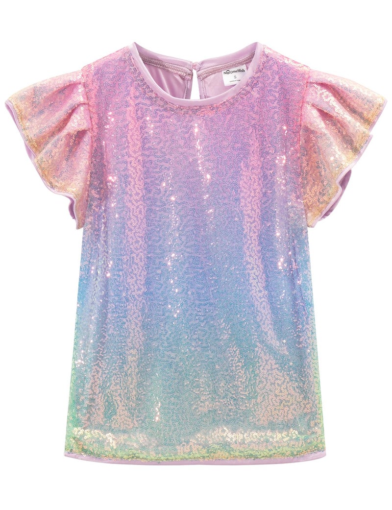 Noomelfish Girls Short Sleeve Sequin Shirts Party Glitter Sparkly Tops Blouse,Light Rainbow, Size 7-8 Years - Image 1