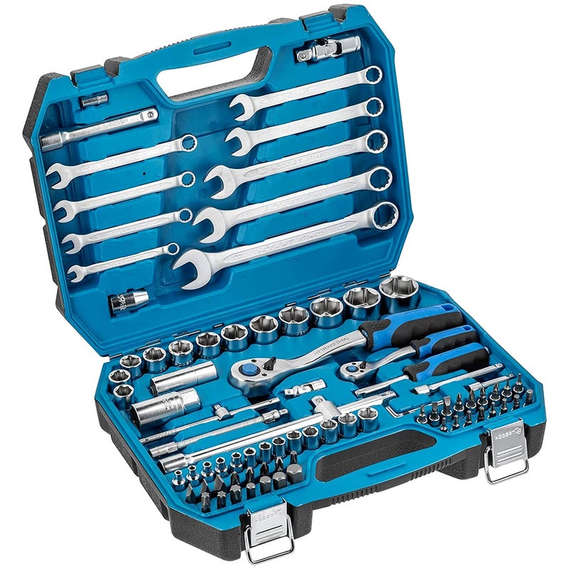 Högert Technik Högert Tool Set Tool Box - Tool Set Tool Tools Socket Spanner Set Screwdriver Ratchet - Black/Blue, 1/4 Inch, 1/2 Inch, HT1R425, 85 Pieces - Image 1