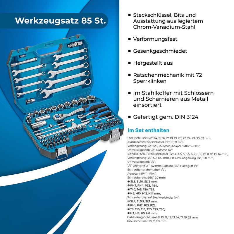 Högert Technik Högert Tool Set Tool Box - Tool Set Tool Tools Socket Spanner Set Screwdriver Ratchet - Black/Blue, 1/4 Inch, 1/2 Inch, HT1R425, 85 Pieces - Image 2