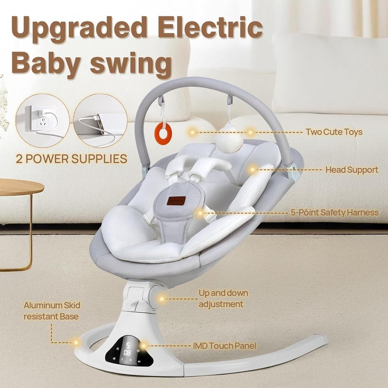 Electric Baby Swing with Remote Control, 5 Speed Adjustable, Machine Washable Seat Pad, Bluetooth Connection (Gray) - Image 2