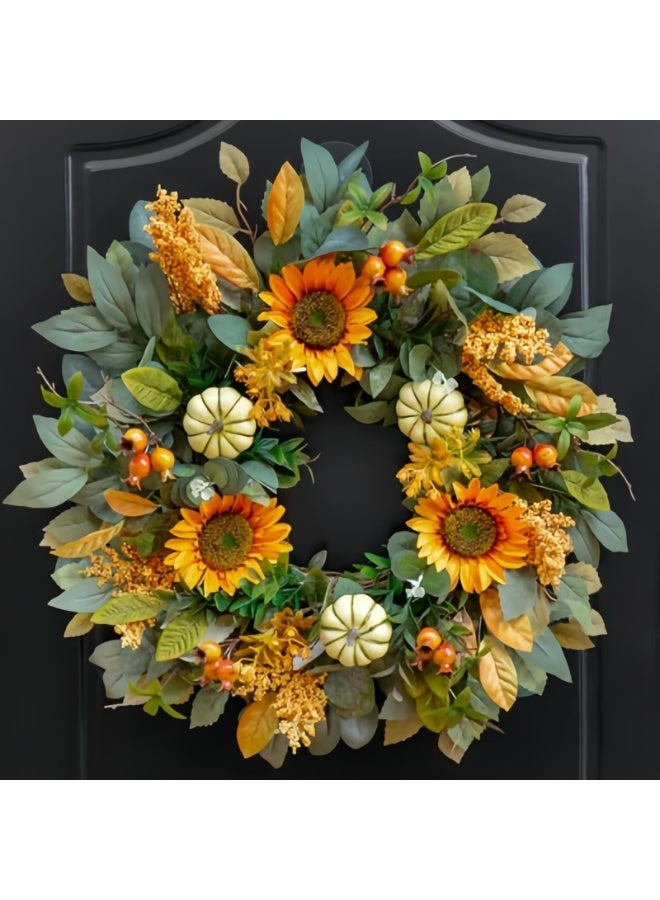 يُسلِّم إكليل خريفي للباب الأمامي، 24 بوصة، إكليل خريفي صناعي من عباد الشمس واليقطين مع التوت، أكاليل حصاد الخريف للديكور الداخلي والخارجي - Image 5